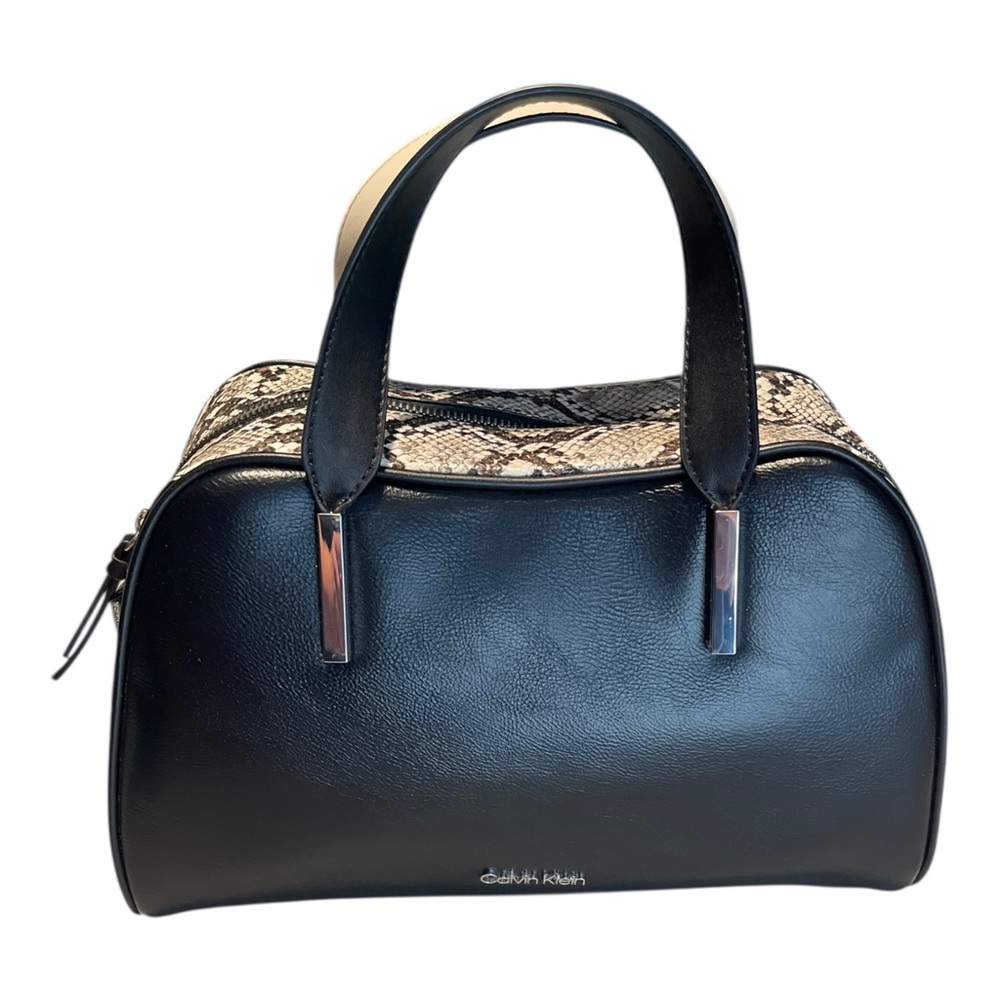 Calvin Klein Lowen Black Satchel Bag Purse With Black White Snakeskin Panel NWOT
